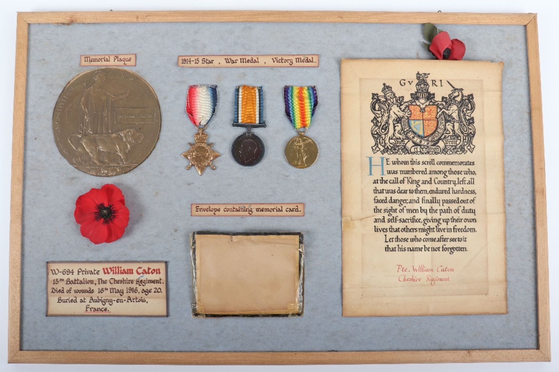 WW1 13th (Wirral) Battalion Cheshire Regiment 1916 Casualty Medal Trio & Plaque Group