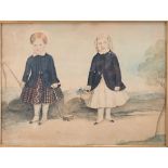 Primitive 19th century watercolour of two children,