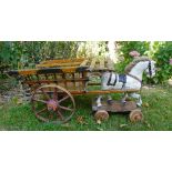 Wooden pull along Horse on Wheels and Hay cart, English circa 1900,