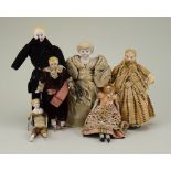 Six miniature Parian-type shoulder head dolls, German circa 1870,