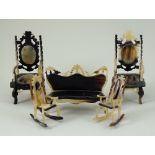 Unusual carved horn dolls house settee and chairs, made in Old Havana, Cuba,