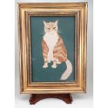 A silk thread and wool work picture of a large ginger cat,