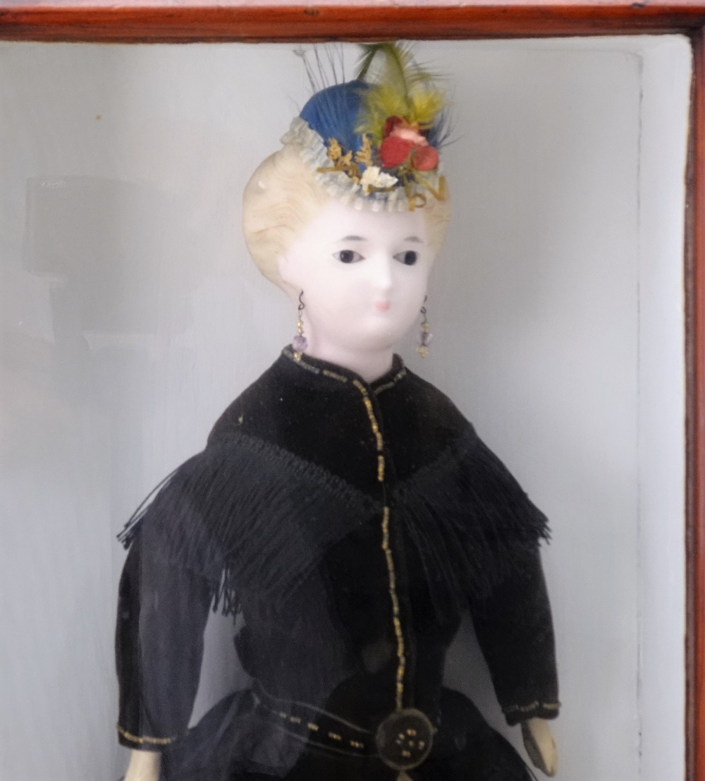 Wax over composition lady doll in glass case, German circa 1860, - Image 2 of 2