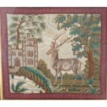 An early 19th century tapestry and stump work picture of a Stag,