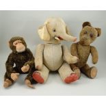 Silk plush toy Elephant, Teddy Bear and mohair Monkey, circa 1930,