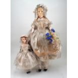 Early English all original wax over composition shoulder head dolls, mother and child, circa 1850,