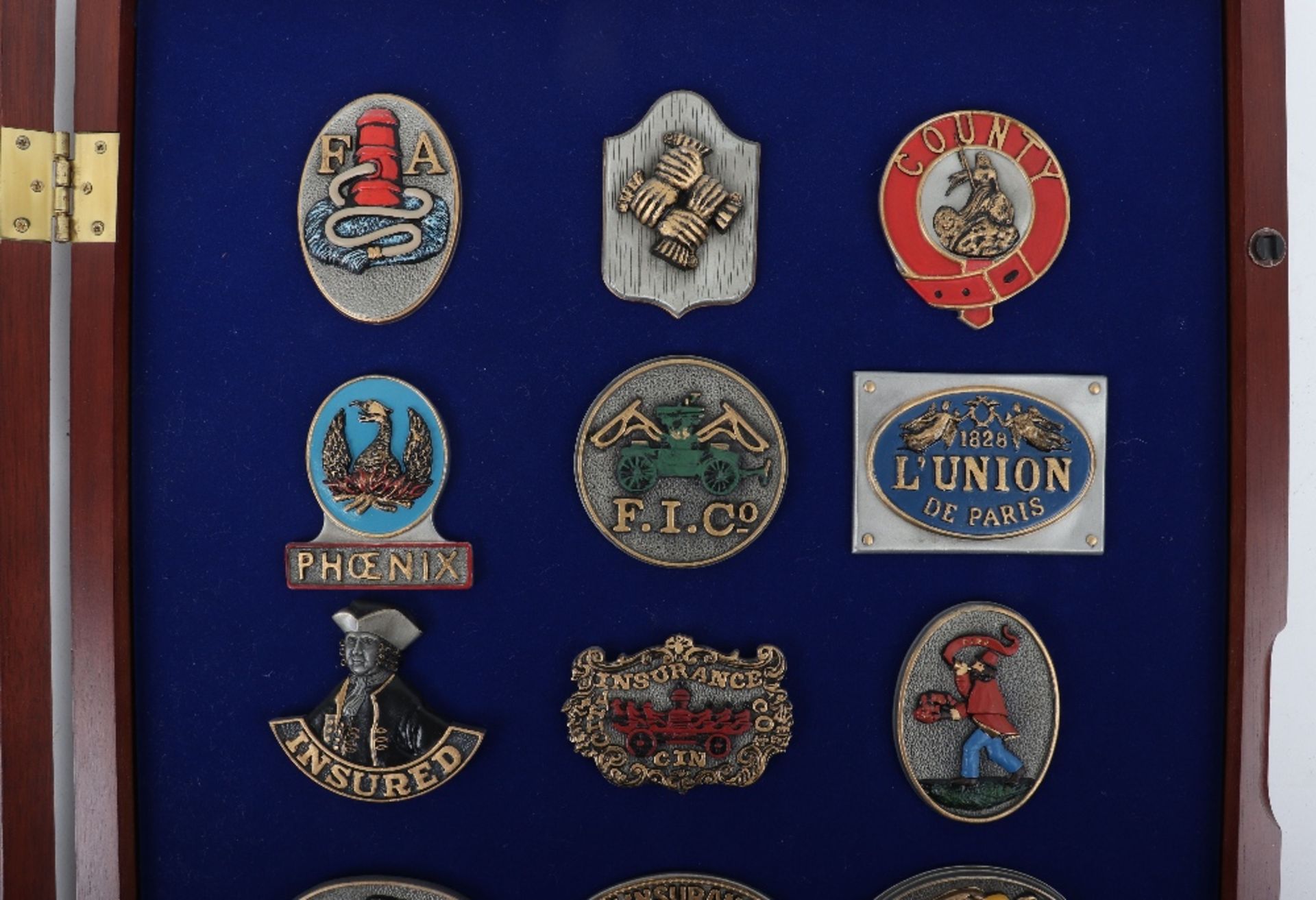 Fifteen Fine pewter fire insurance plaques, mounted in glass case - Image 2 of 5