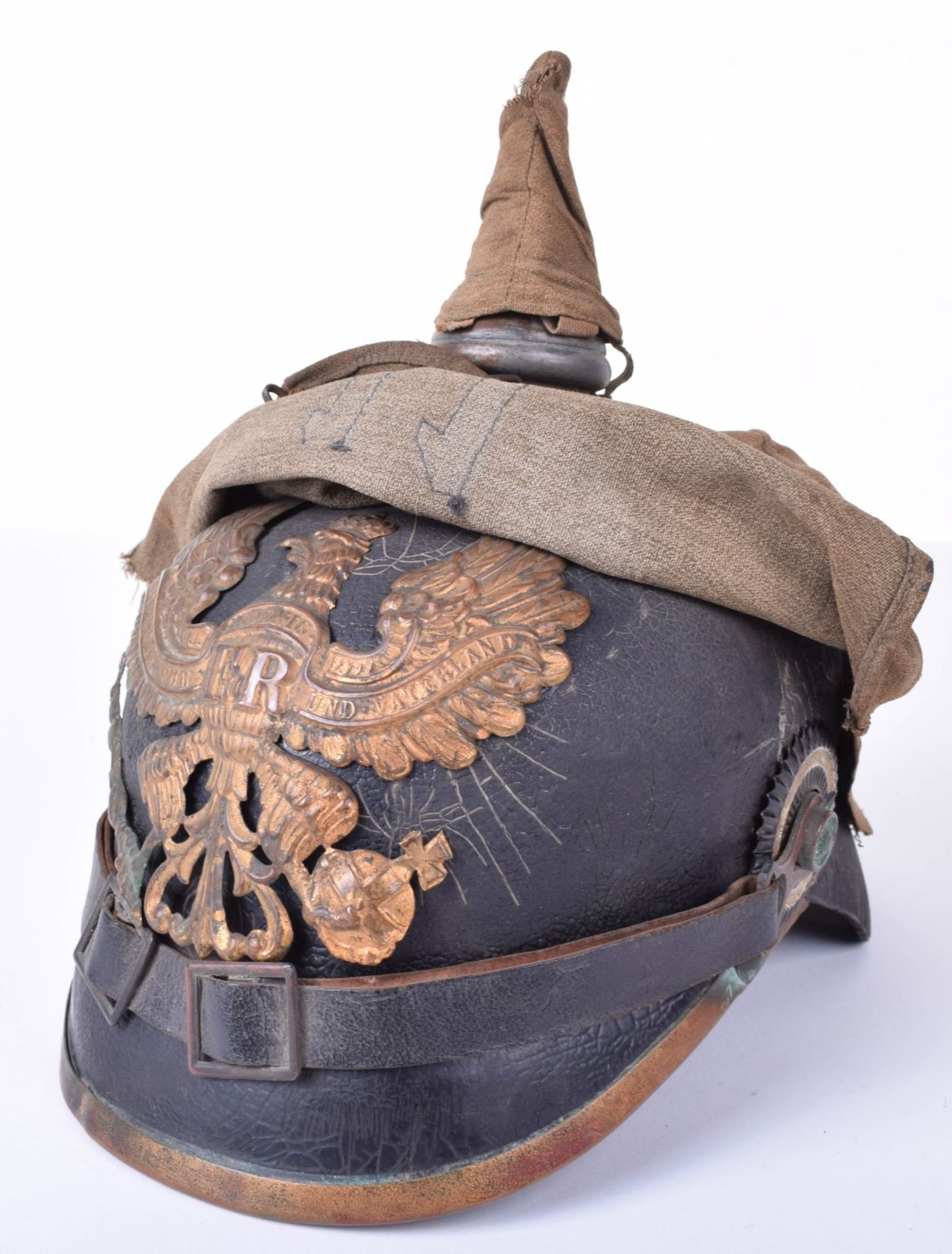Battlefield Pick-Up Prussian Enlisted Mans Pickelhaube with an Original Numbered Field Cover - Image 7 of 30