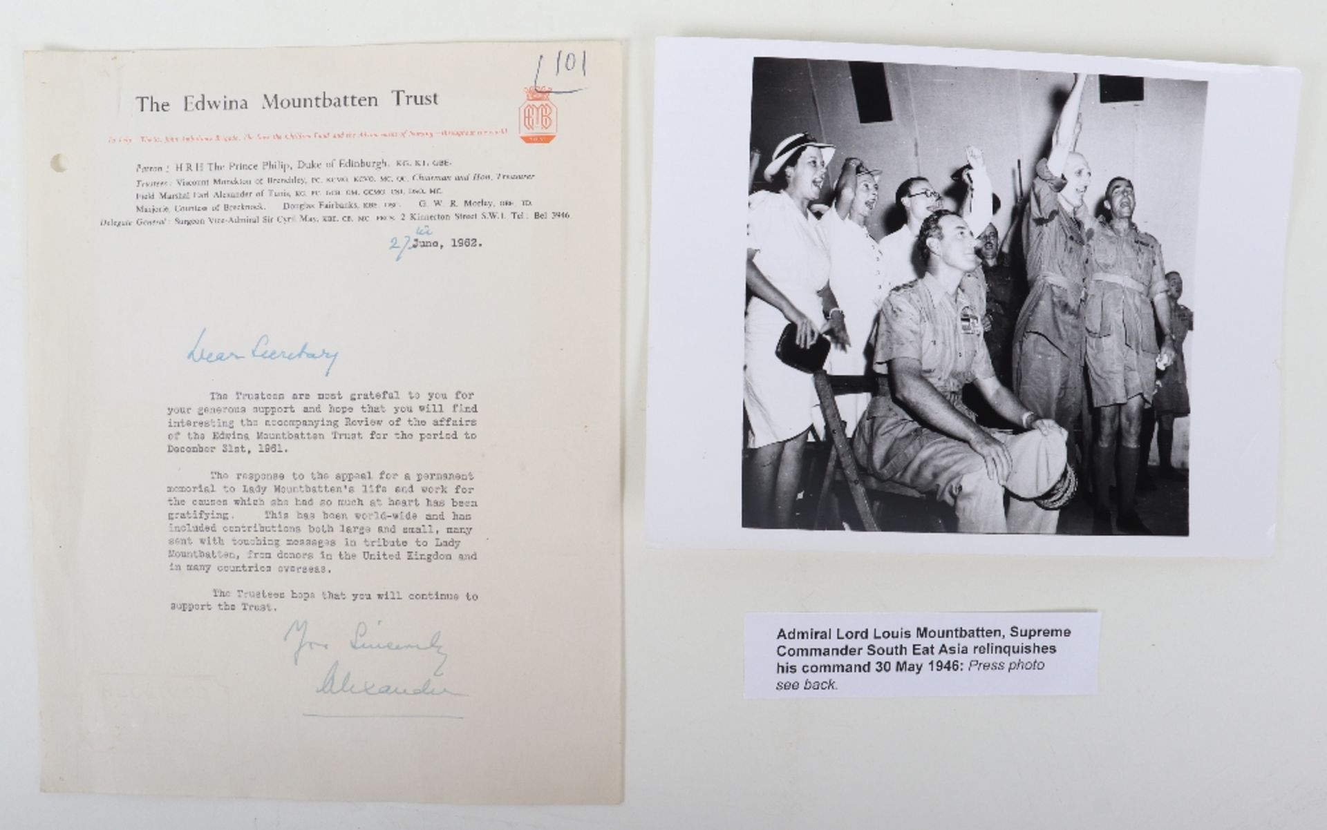 Letter Relating to the Edwina Mountbatten Trust (1962) and signed by "Alexander" of Tunis