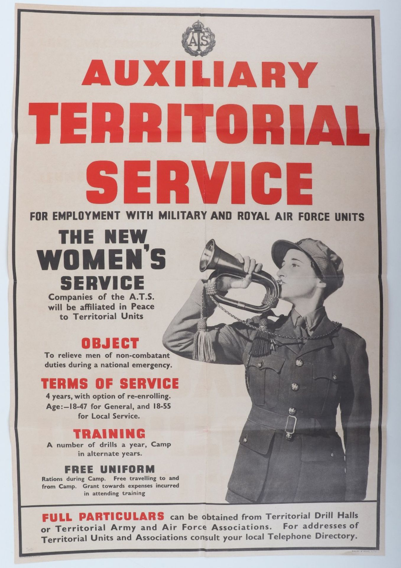 Original World War Two Poster "Auxiliary Territorial Service "The new Women's Service"