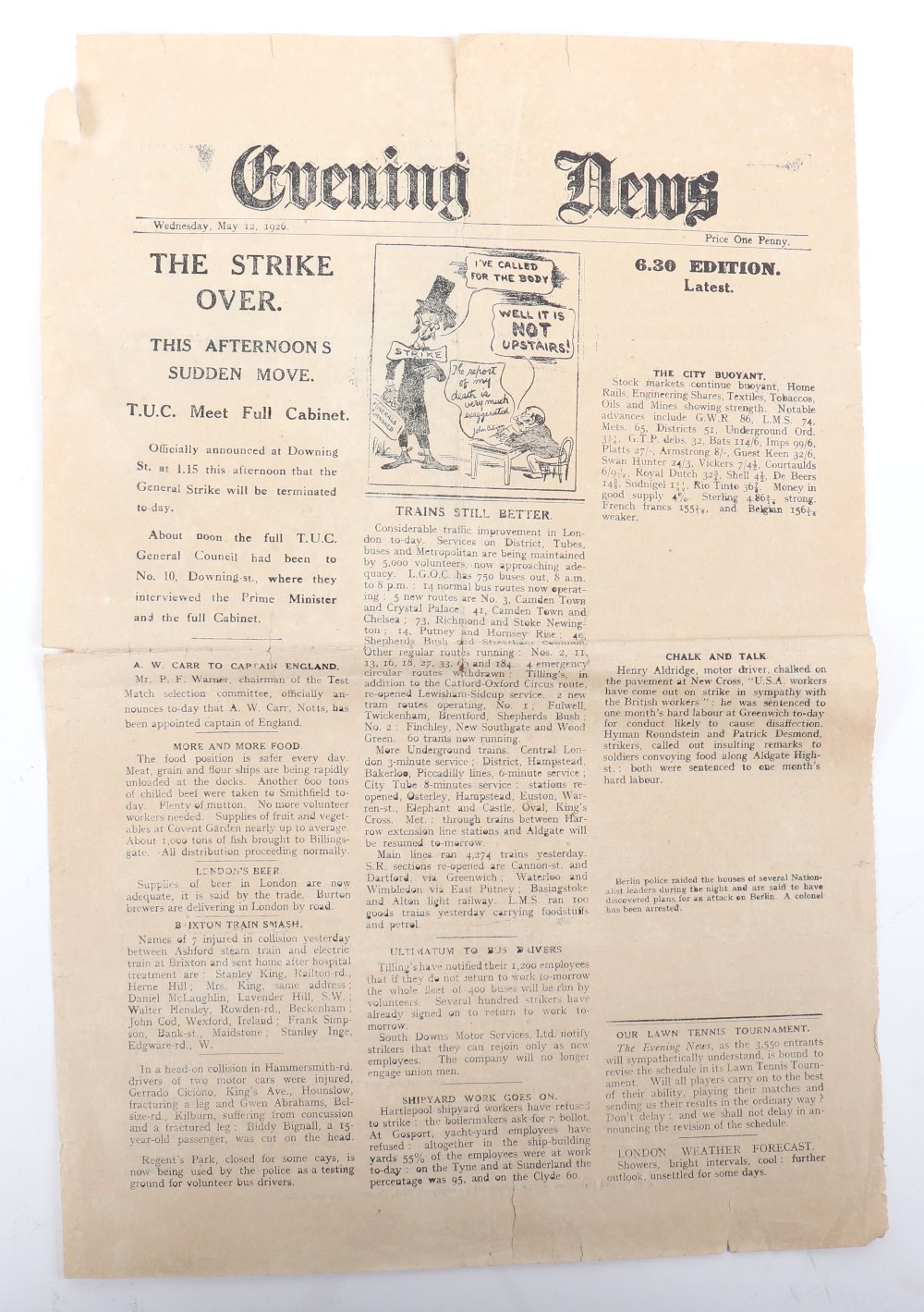 Evening News, "The Strike Over" Special edition Wednesday May 12 1926