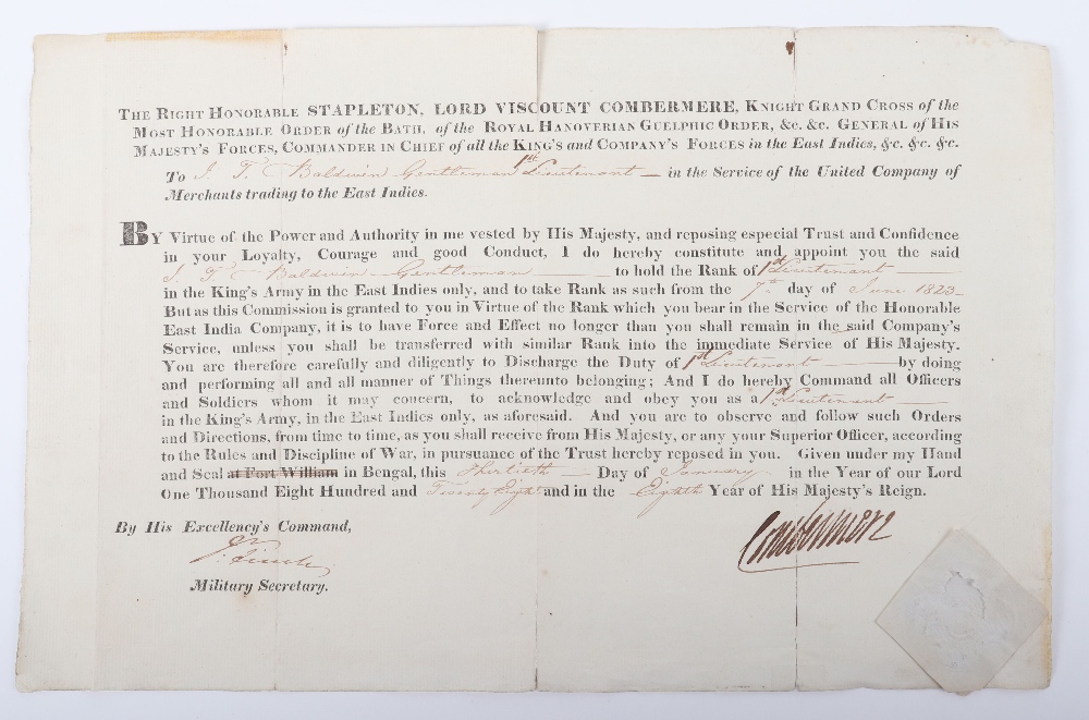 Warrant East India Company 1828 J. Baldwin, Lieutenant