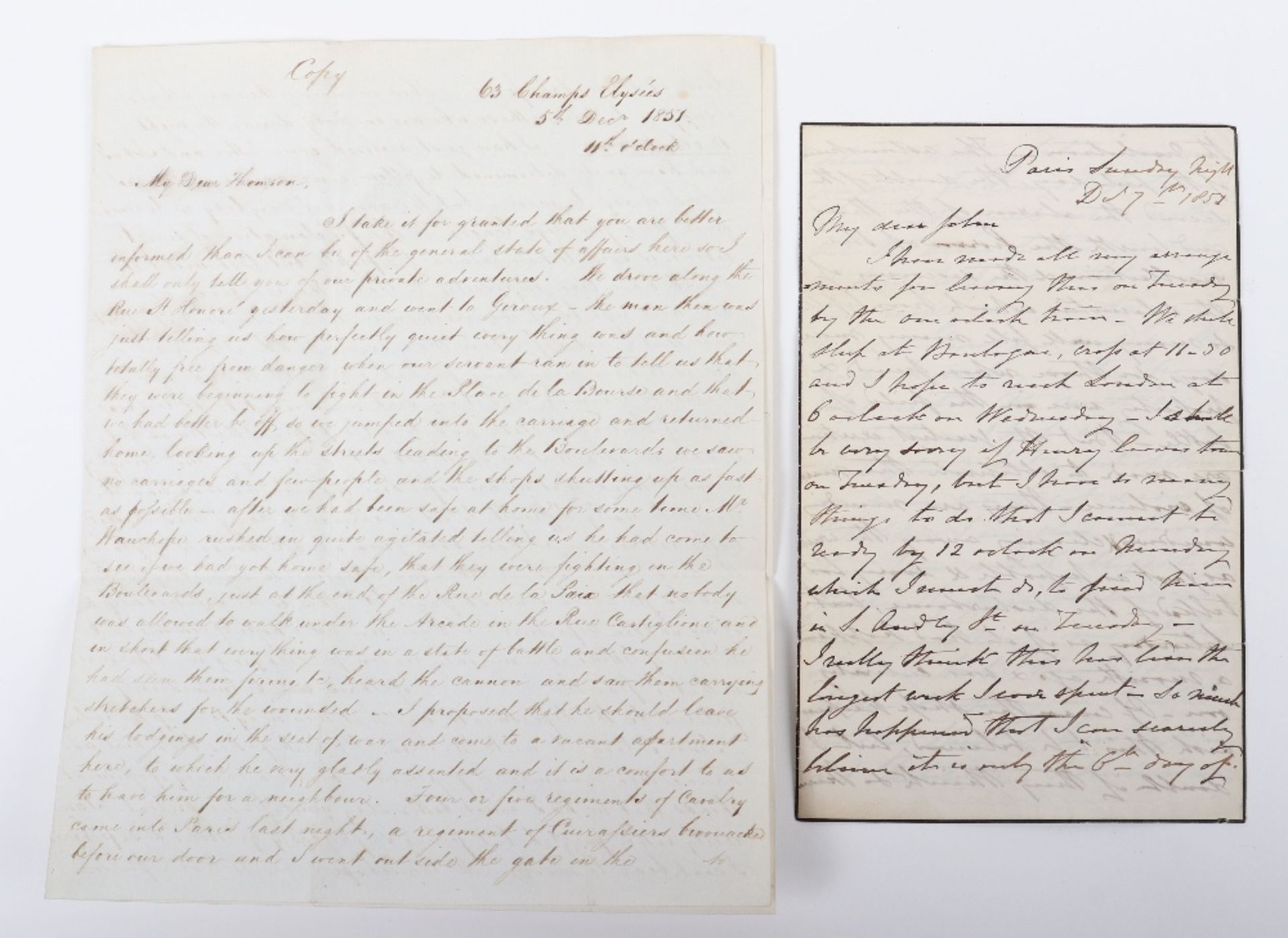 Historic Letter Describing in English, Paris in Short Lived Revolt in 1851