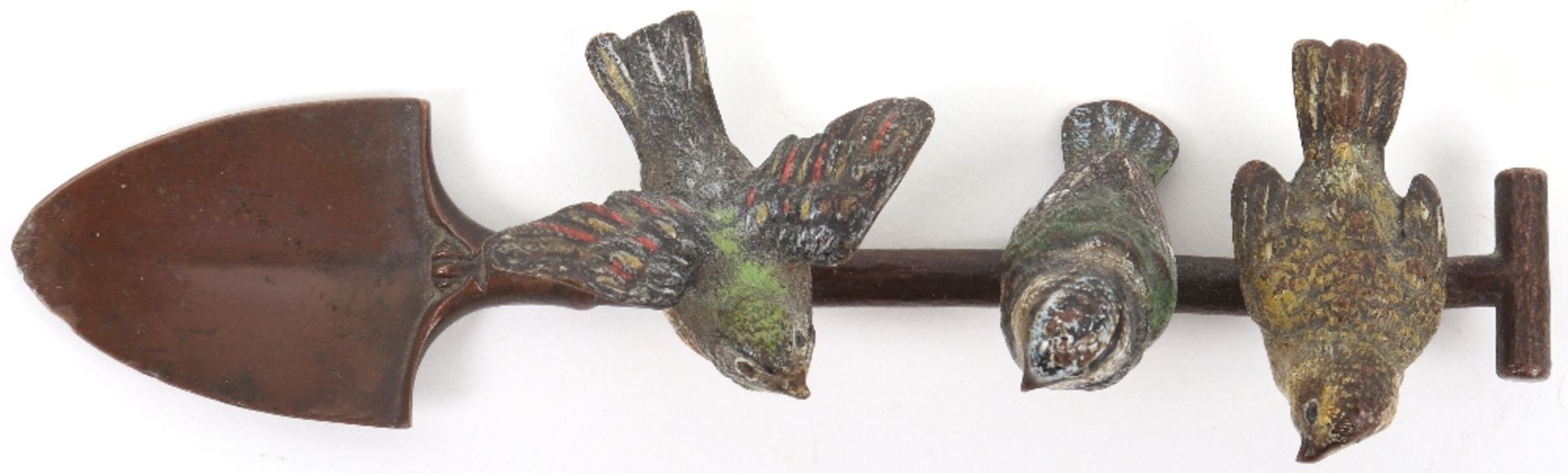 A 19th century cold painted bronze group of three birds sat atop a shovel, Austrian - Image 2 of 5