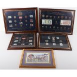 Five framed coin, stamp and banknote collections