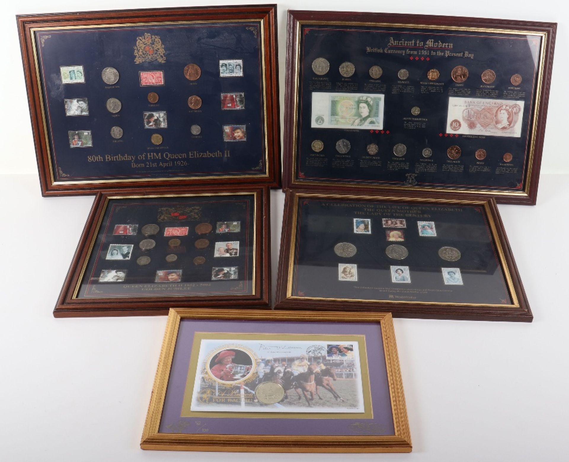 Five framed coin, stamp and banknote collections