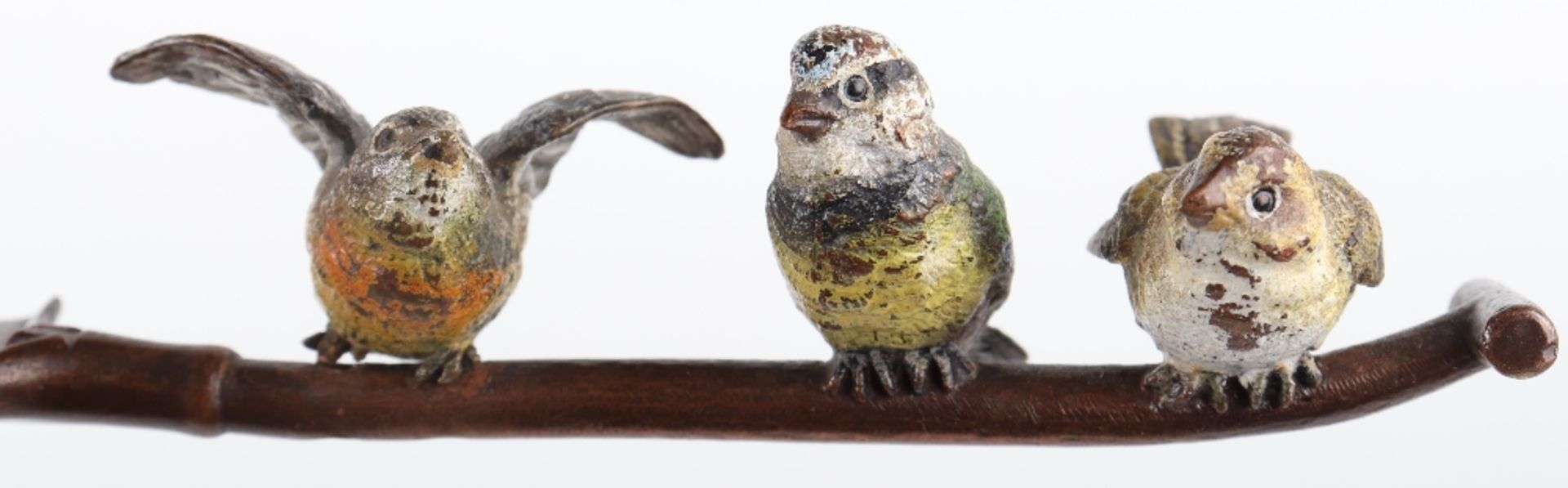 A 19th century cold painted bronze group of three birds sat atop a shovel, Austrian - Image 5 of 5