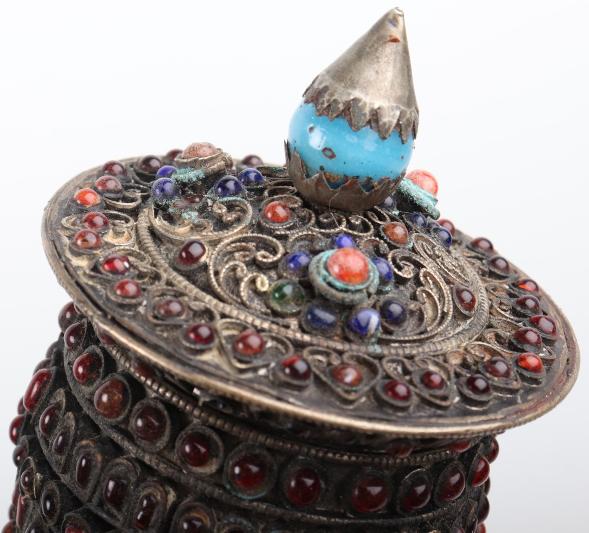 A Buddhist Tibetan brass and white metal prayer wheel, with prayer scroll within - Image 5 of 5