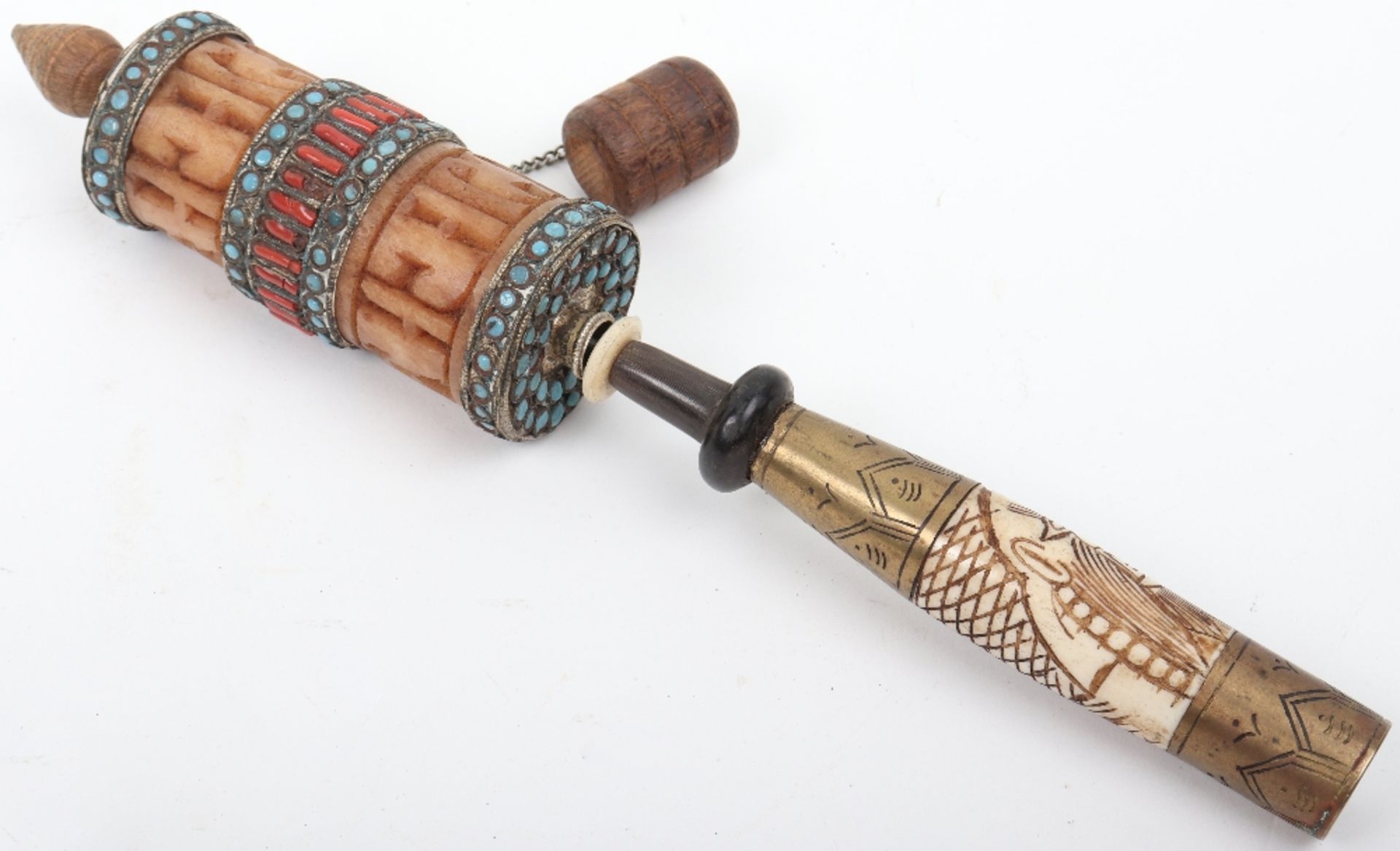 A Buddhist Tibetan brass, bone and hardstone prayer wheel, with prayer within - Image 2 of 8