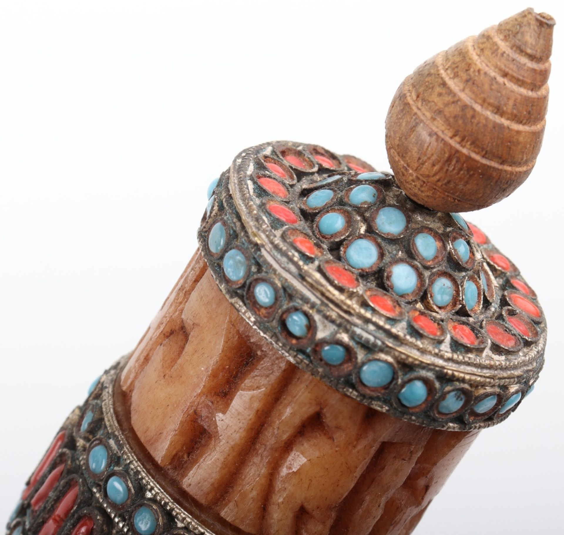 A Buddhist Tibetan brass, bone and hardstone prayer wheel, with prayer within - Image 5 of 8