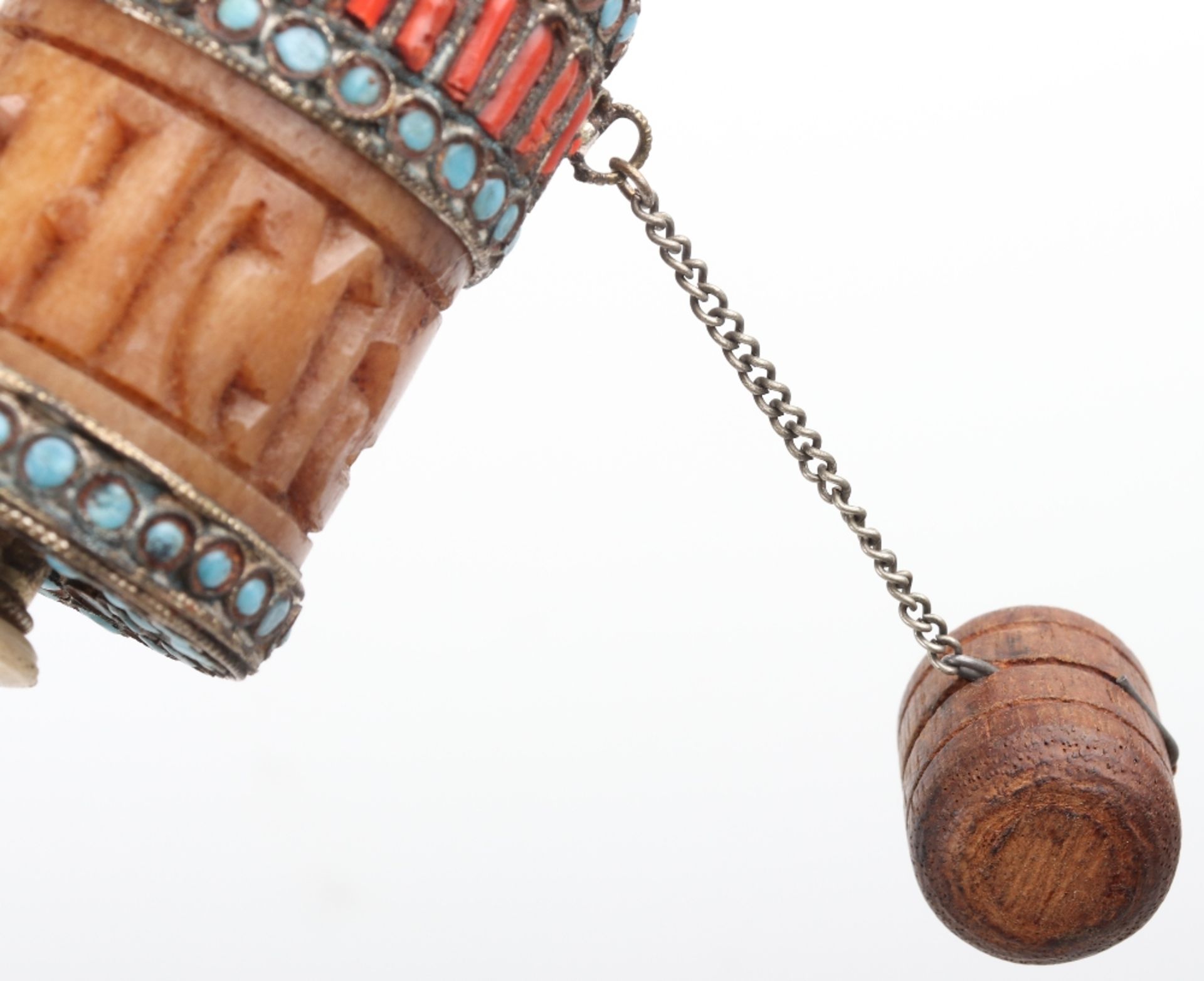 A Buddhist Tibetan brass, bone and hardstone prayer wheel, with prayer within - Image 6 of 8