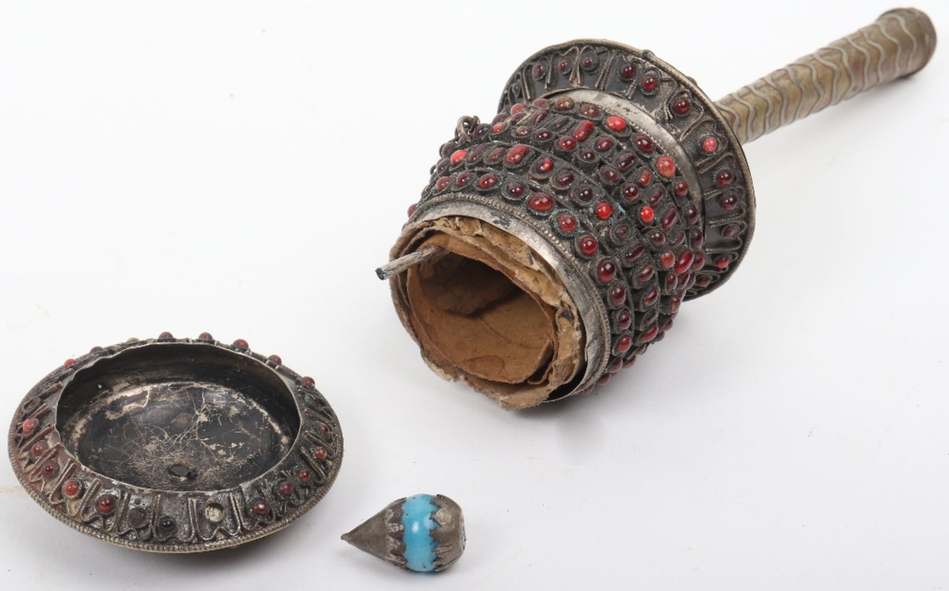 A Buddhist Tibetan brass and white metal prayer wheel, with prayer scroll within - Image 3 of 5