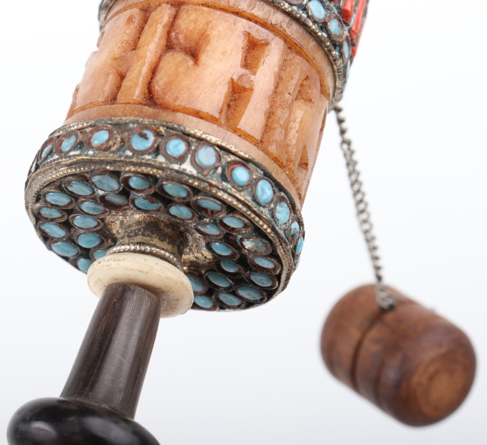 A Buddhist Tibetan brass, bone and hardstone prayer wheel, with prayer within - Image 8 of 8