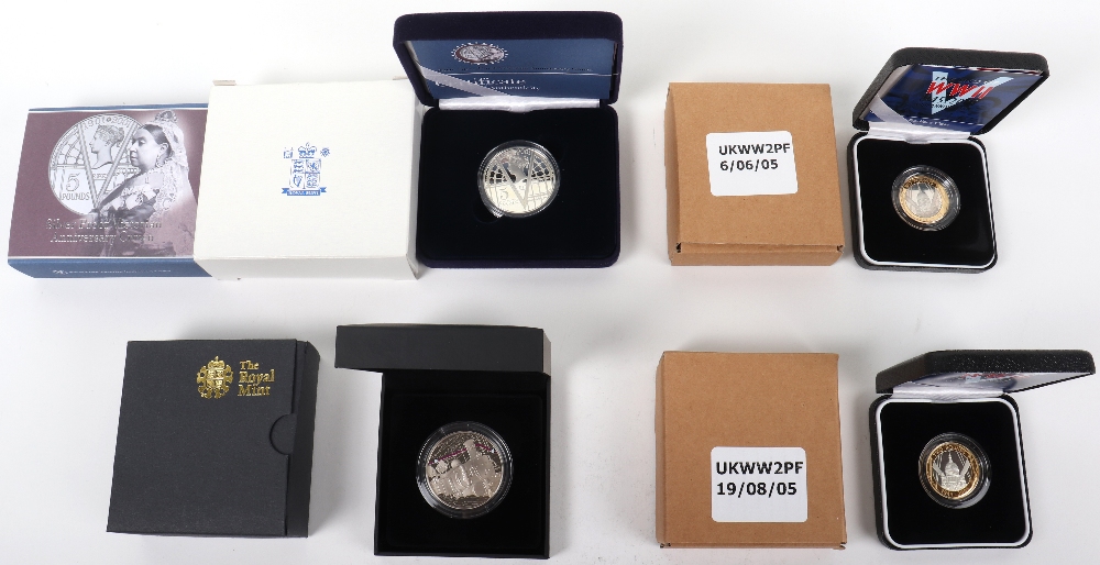 Two Royal Mint End of WWII silver Piedfort £2 coins, a Royal Mint £5 150 Tales from the Tube, a Silv