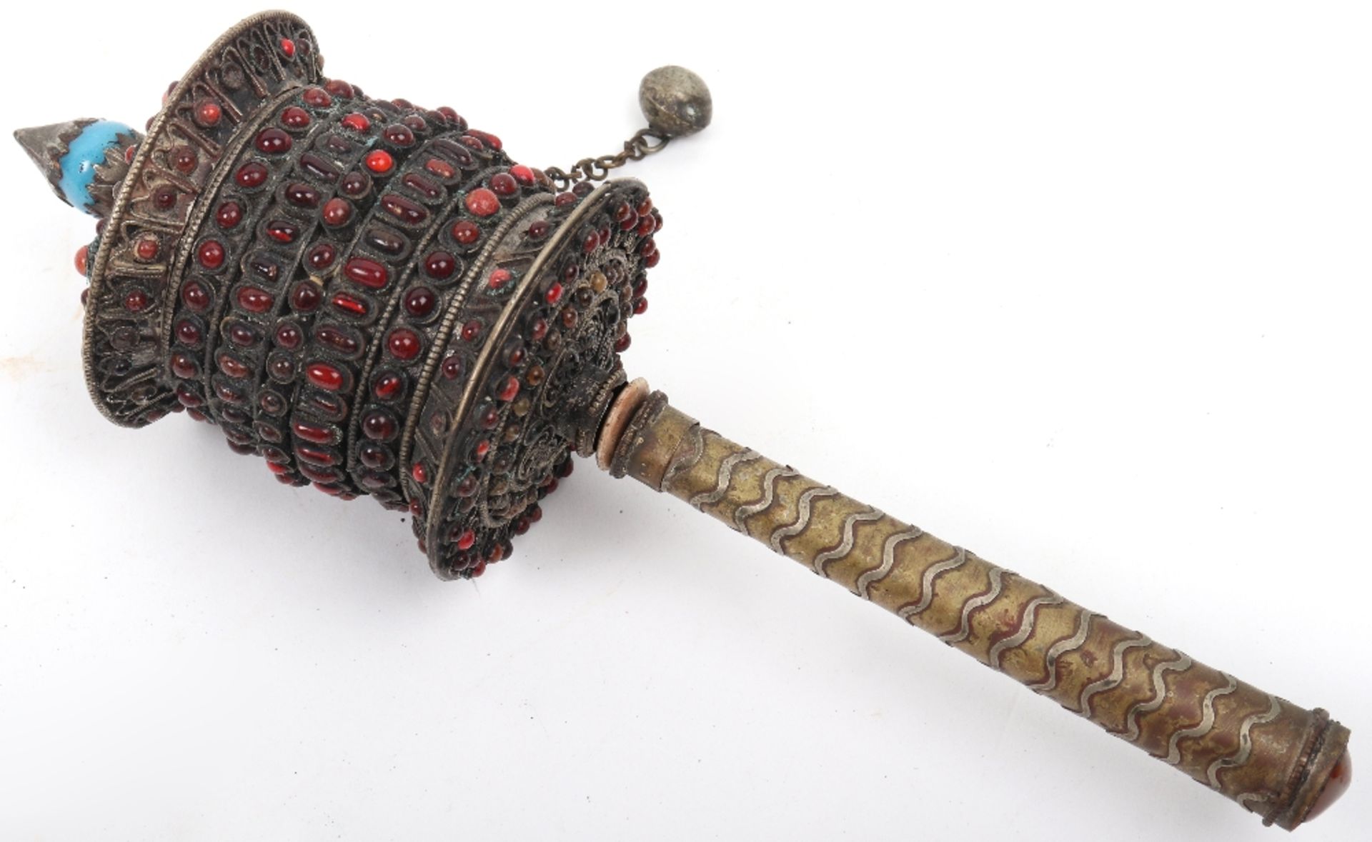 A Buddhist Tibetan brass and white metal prayer wheel, with prayer scroll within - Image 2 of 5