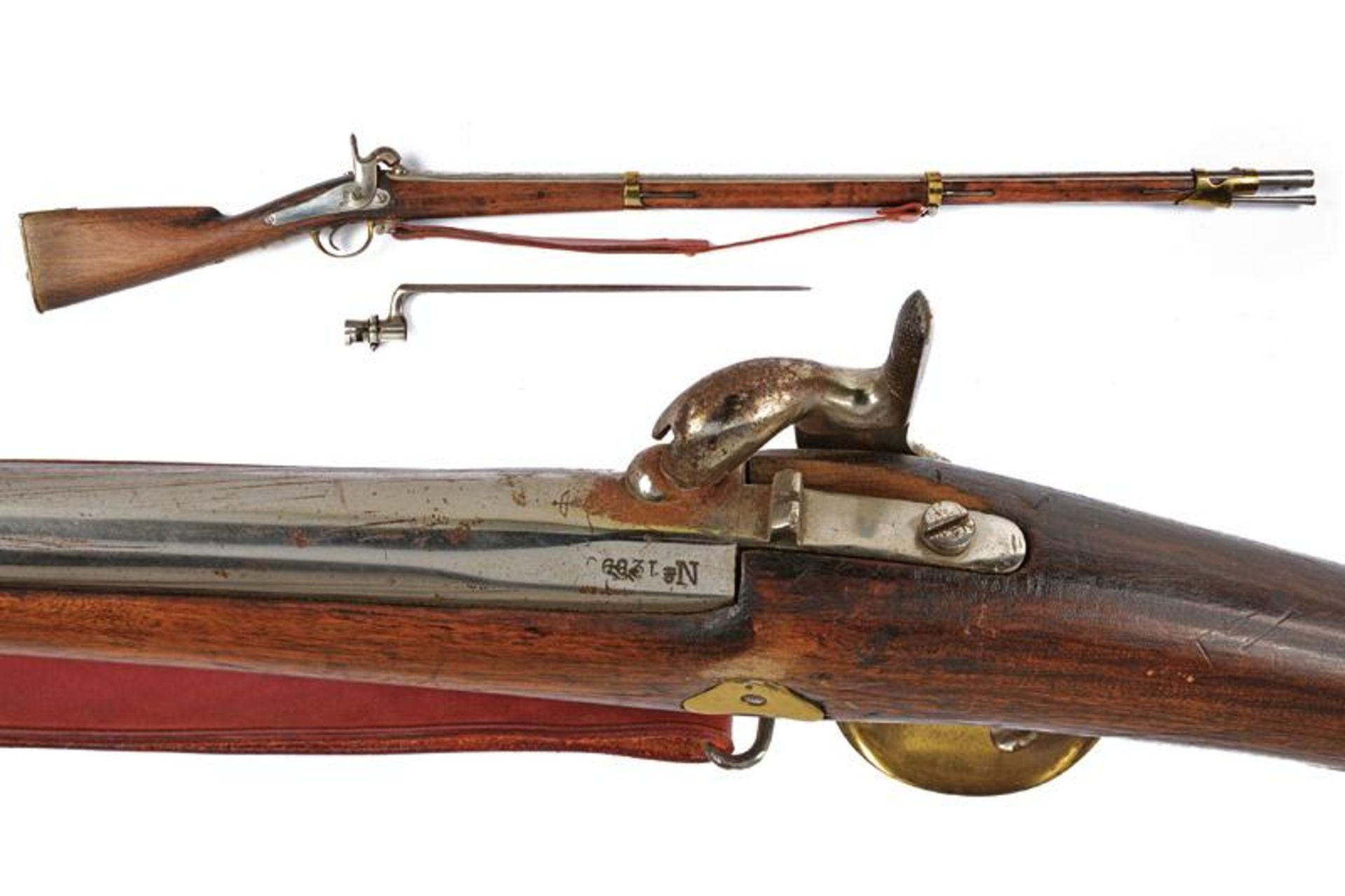 A 1845 model percussion musket with socket bayonet