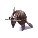 A lobster-tailed helmet