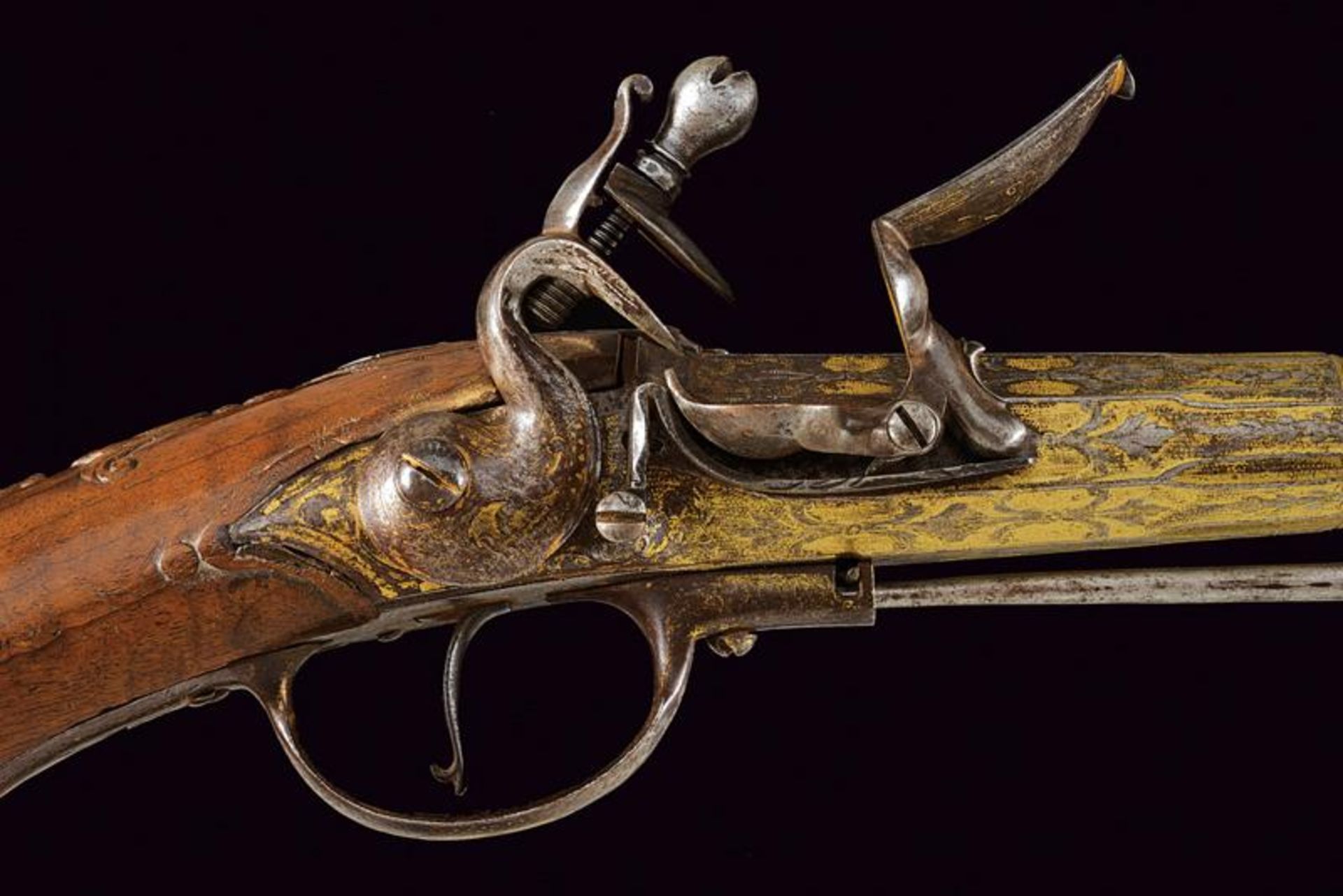 A rare engraved and gilded pair of Queen Anne flintlock pistols by G. Massin - Image 2 of 13