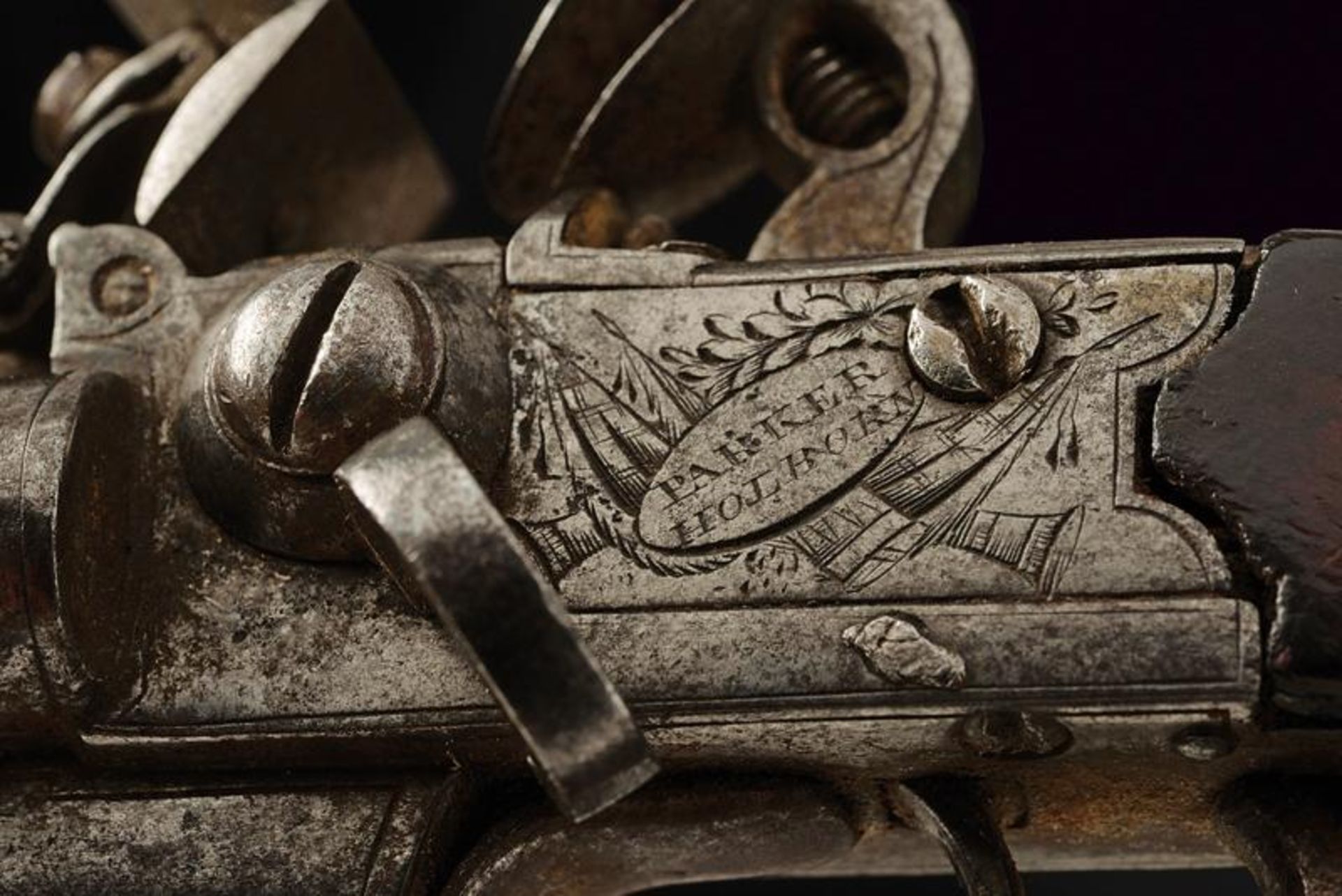 A rare pair of three barrelled flintlock pocket pistols by Parker Holborn - Image 4 of 5
