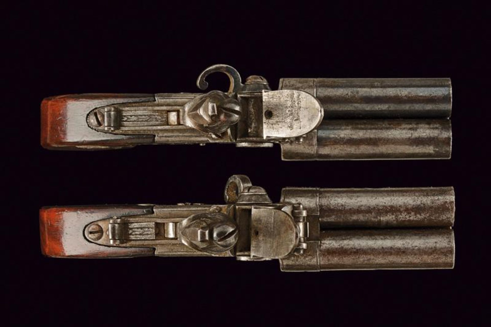A rare pair of three barrelled flintlock pocket pistols by Parker Holborn - Image 2 of 5