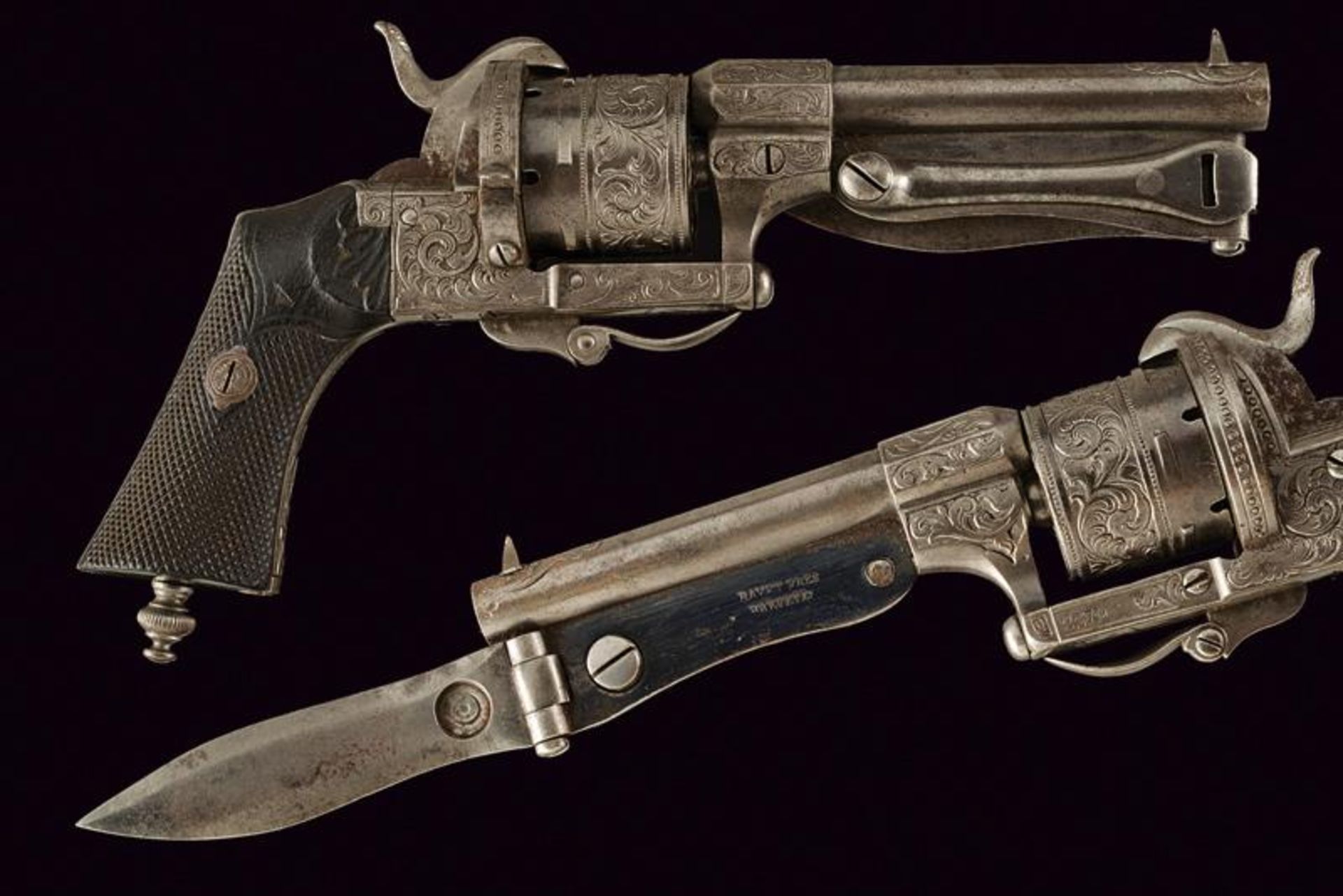 A pinfire revolver with folding knife by Bayet Freres