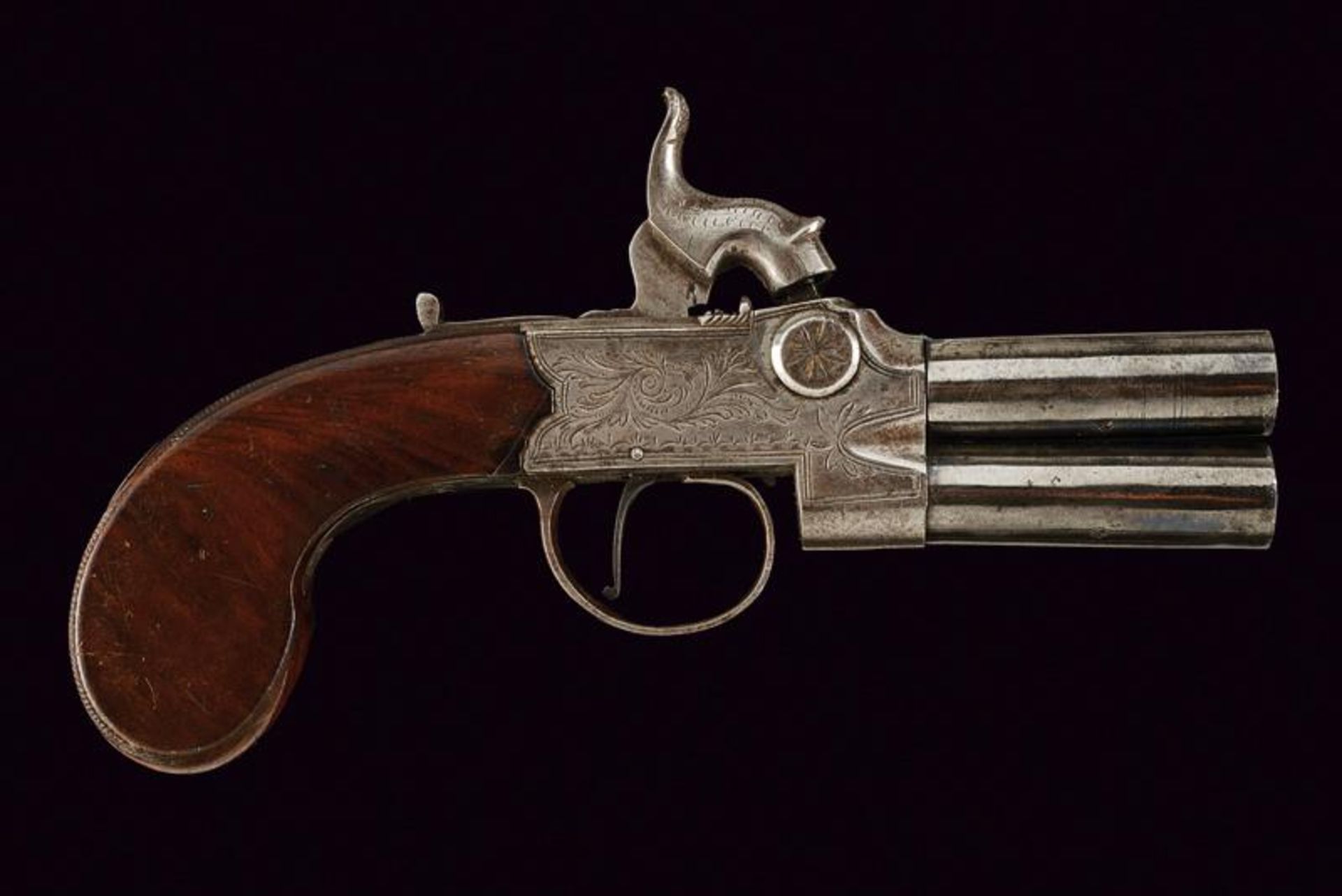 A over and under barreled percussion boxlock pistol by Johnson & Collins