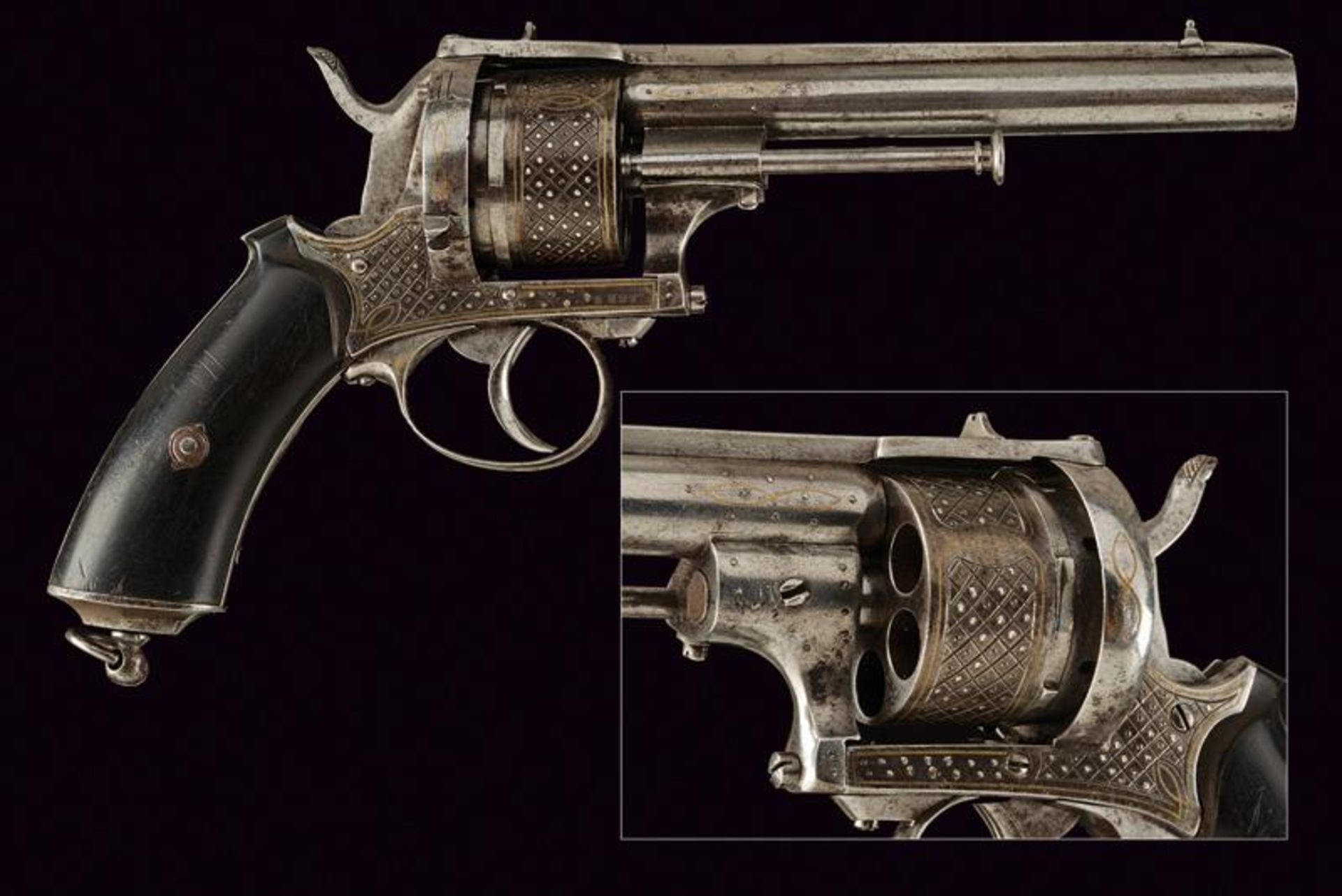 An engraved pinfire revolver