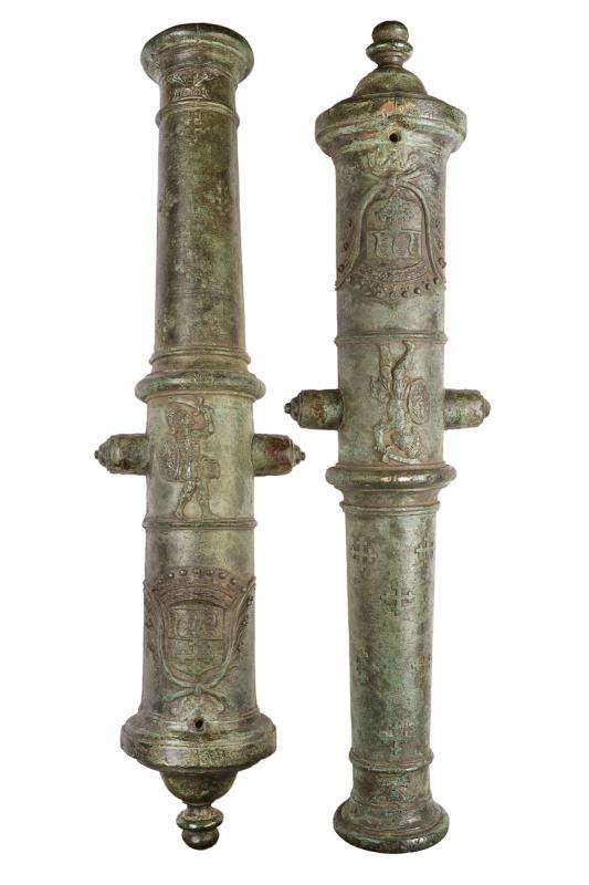 A very scarce pair of bronze cannons dated and with a coat of arms at the breach