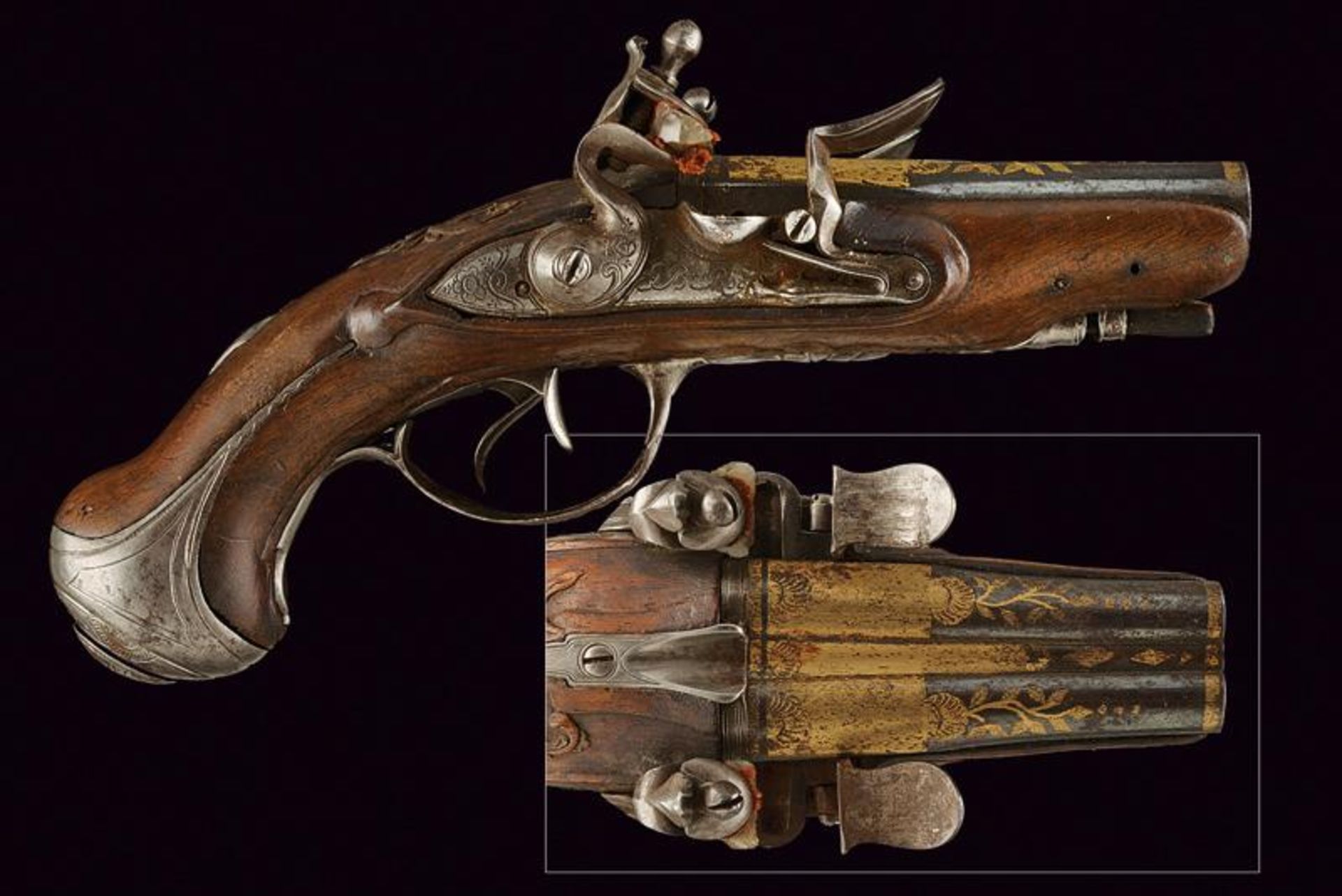 A fine double barrelled traveling flintlock pistol