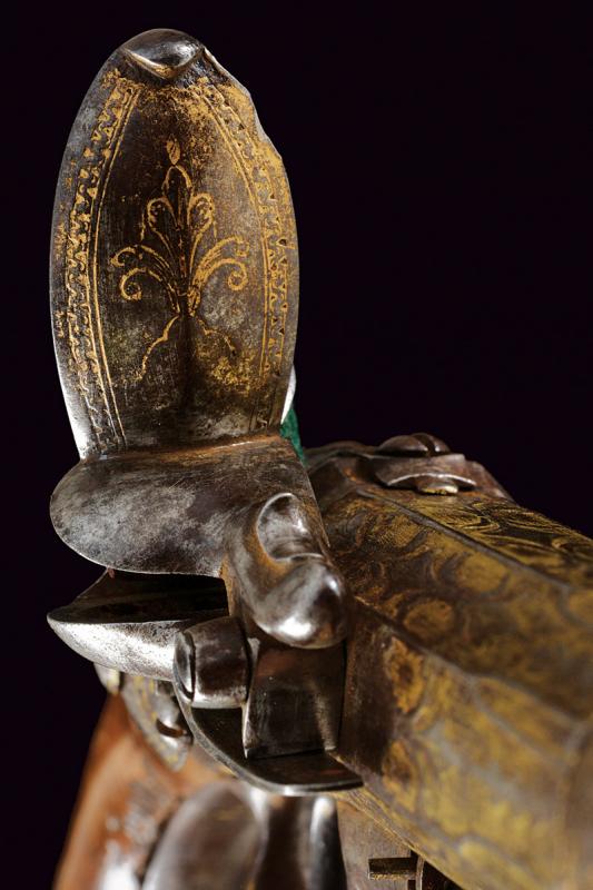 A rare engraved and gilded pair of Queen Anne flintlock pistols by G. Massin - Image 8 of 13