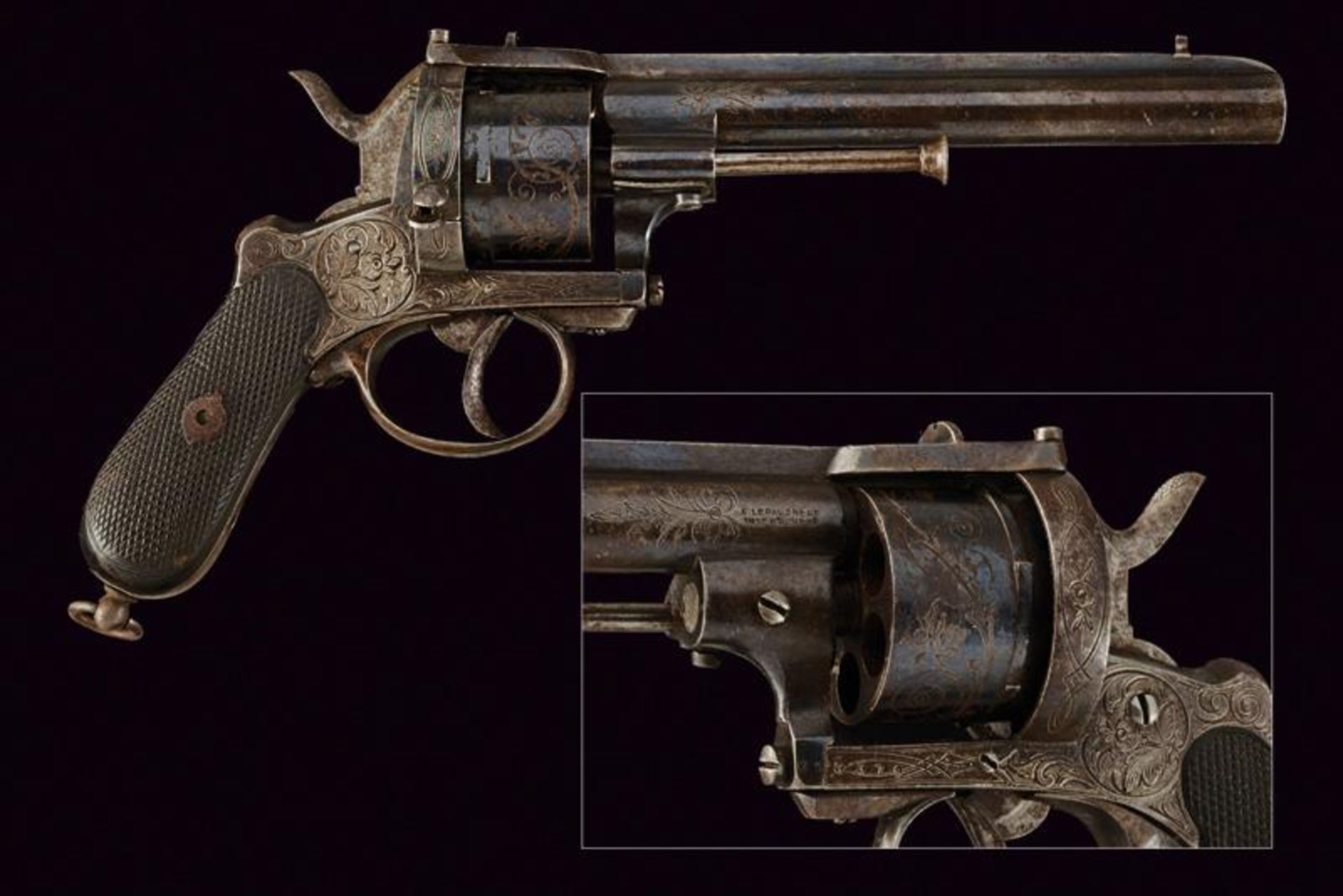 An engraved Lefaucheux pinfire revolver