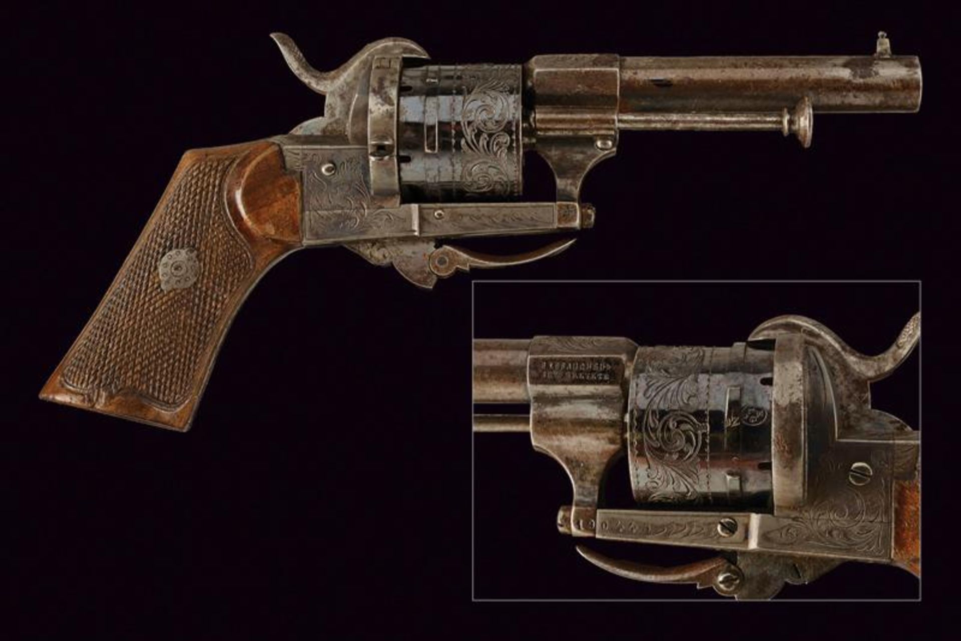 An engraved Lefeaucheux pinfire revolver