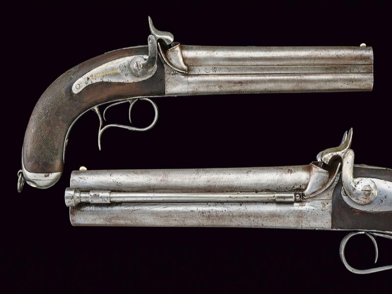 An over and under barreled percussion pistol by Jalabert Lamotte