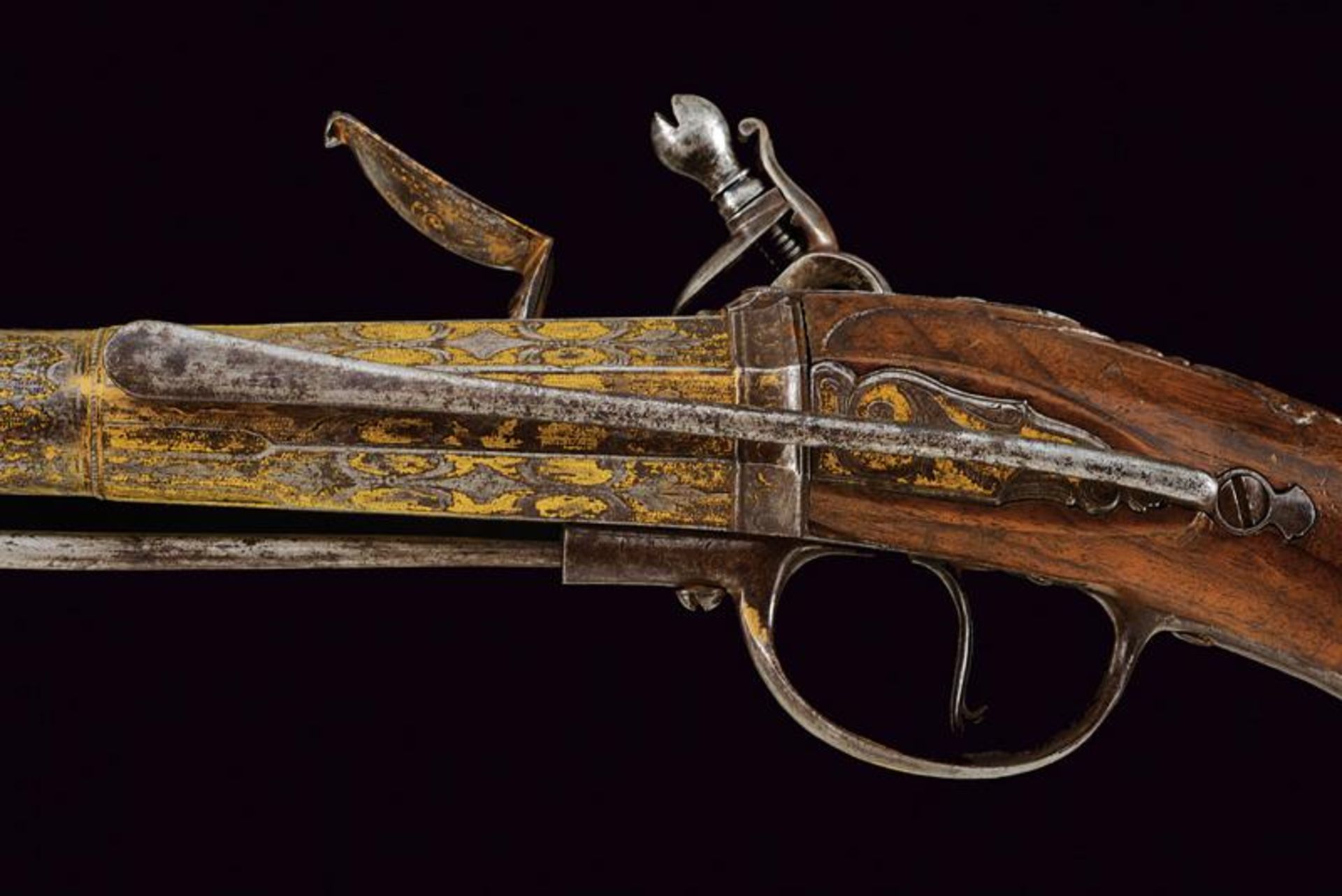 A rare engraved and gilded pair of Queen Anne flintlock pistols by G. Massin - Image 6 of 13