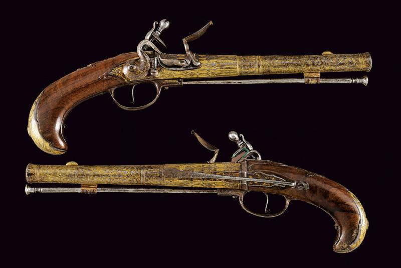 A rare engraved and gilded pair of Queen Anne flintlock pistols by G. Massin - Image 13 of 13