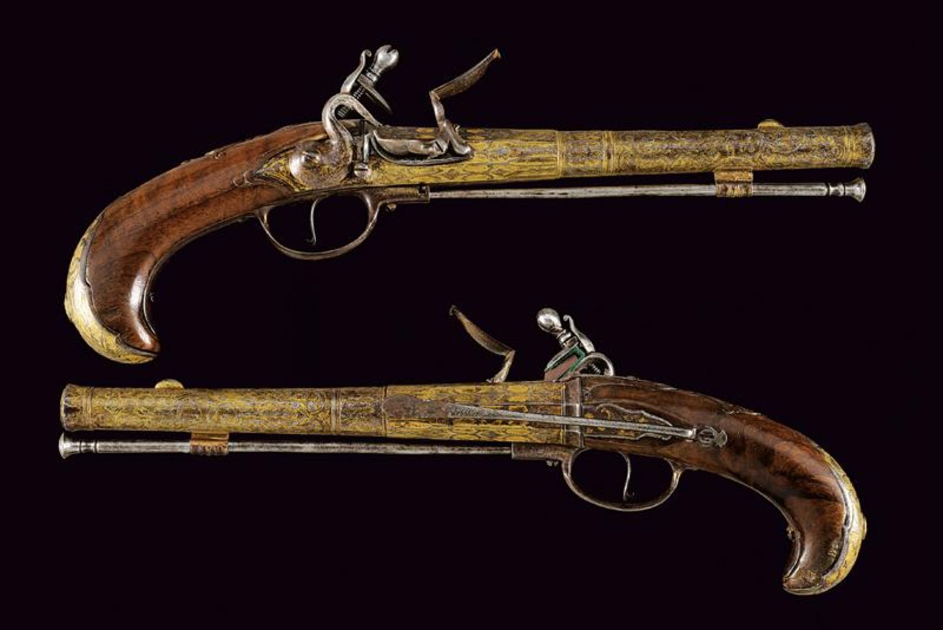 A rare engraved and gilded pair of Queen Anne flintlock pistols by G. Massin - Image 13 of 13