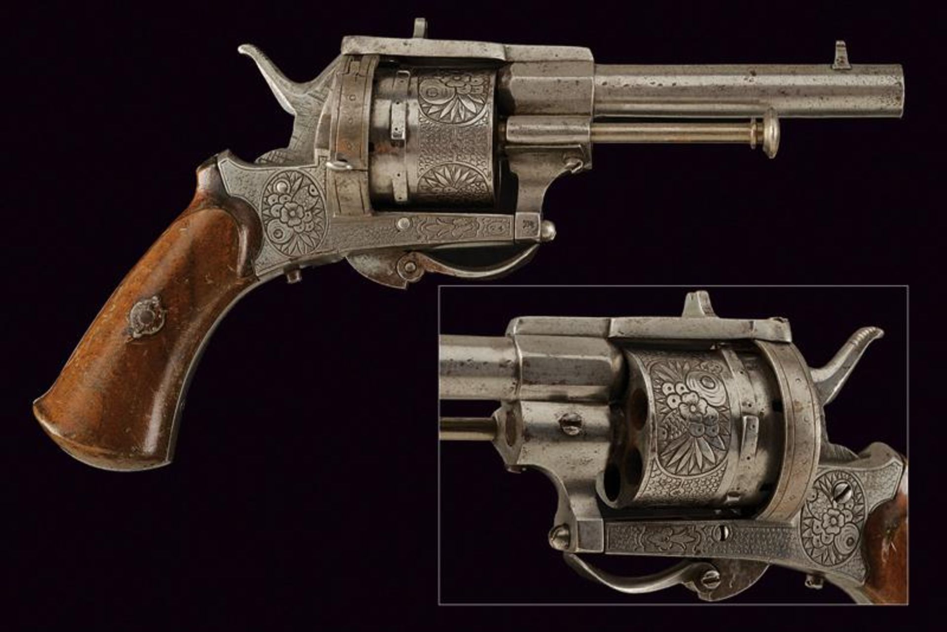 An engraved pinfire revolver