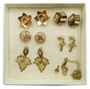 Pair of gold flower stud earrings, four pairs of gold earrings gold pendant necklace,
