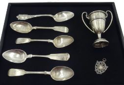 Small silver trophy, hill climb medal and various teaspoons,