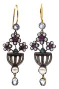 Pair of flower and basket design pendant earrings, set with rubies, seed pearls,